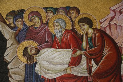 イスラエルのエルサレムにある聖墳墓教会のキリストの死のモザイク画 作： Unbekannt