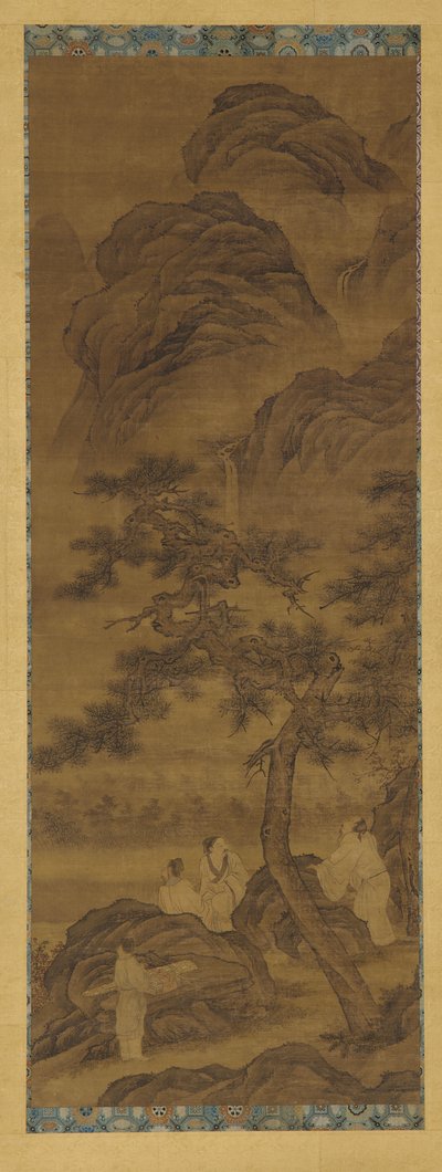 山の風景: 松の木の下の 3 人の詩人と付き添い、明王朝、16 世紀。 作： Unbekannt