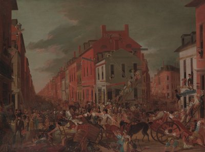 カリフォルニア州リトル オールド ニューヨークでの引っ越しの日。 1827年。 作： Unbekannt