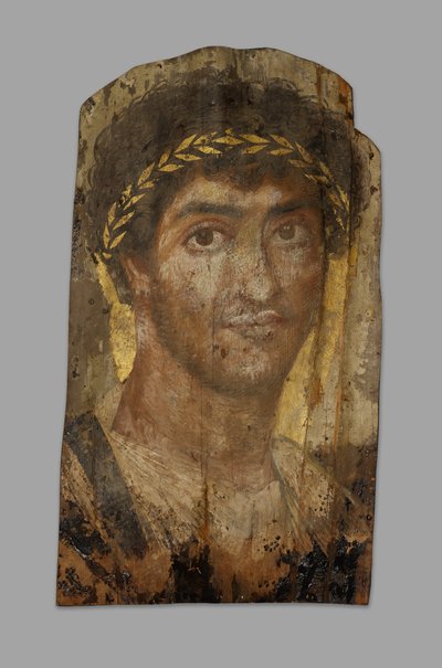 月桂冠をかぶった男性のミイラの肖像画、ファユーム、2 世紀初頭から中期。 作： Unbekannt