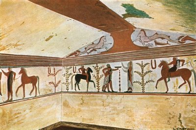 1928年、イタリア、タルクイーニアの男爵の墓、トンバデルバローネの壁画。 作： Unbekannt