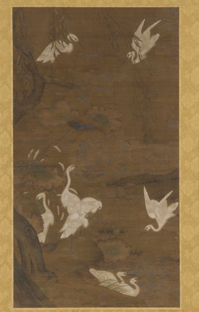 9羽の白鷺と1本の柳の木、明王朝、15世紀。 作： Unbekannt