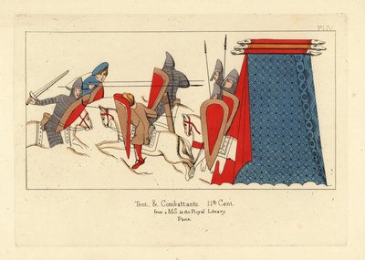 鎖帷子（くさりかたびら）の鎧を着て、剣、盾、槍を持って戦闘するノルマン騎兵、右には軍用テントがある 作： Unbekannt