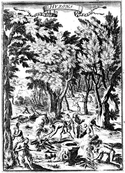 北米でのヒューロンインディアンの狩猟と森林での食事の準備、1686年 作： Unbekannt