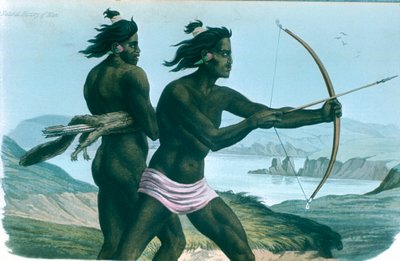 北アメリカのサンフランシスコのインディアンが弓矢で狩り、c1840 作： Unbekannt