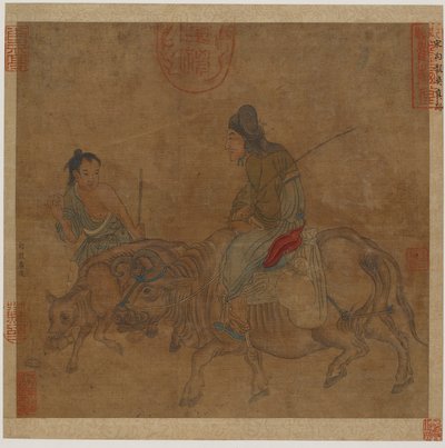 雄牛に乗った老婦人、牛飼いと子牛、おそらく明代、1368～1644年。 作： Unbekannt