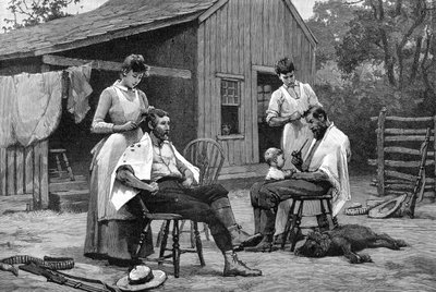 女性の職務の1つ-家族のヘアカット、1889 作： Unbekannt
