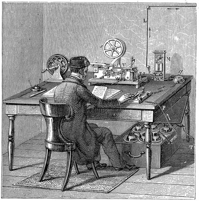モールス電気印刷電信でメッセージを送信するオペレーター、1887年 作： Unbekannt