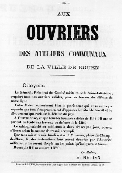 1871年5月のパリのコミューンのフランスの政治ポスターからのOuvriers 作： Unbekannt