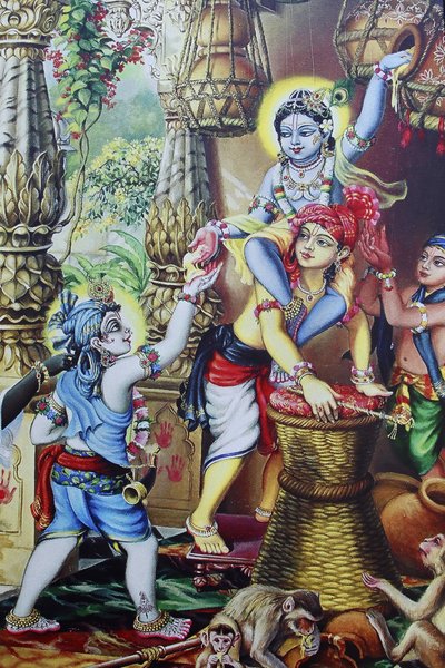 ヒンドゥー教の神、クリシュナが子供の頃に兄弟と遊んでいる様子を描いた絵画。インド 作： Unbekannt