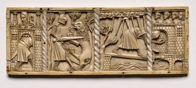 宮廷ロマンスのシーンを収めた棺のパネル、1330年。 作： Unbekannt