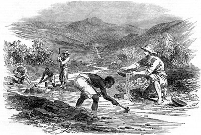 1849年のカリフォルニアゴールドラッシュでの金のパンニング 作： Unbekannt