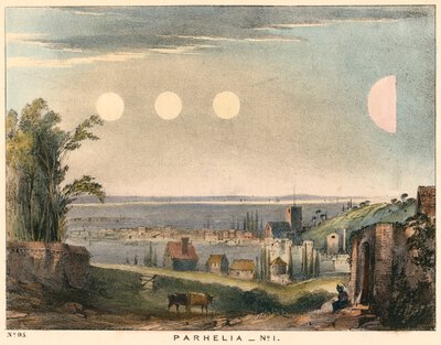 1698年、1845年にイギリスで観察された、ハローのないParheliaの模擬太陽 作： Unbekannt