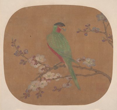 開花木の枝のオウム。 作： Unbekannt