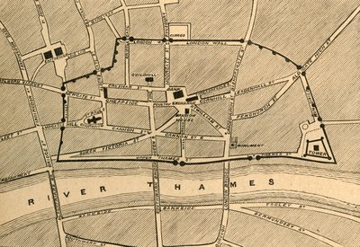 現代のロンドンの一部で、1897年に古代の壁を示しています。 作： Unbekannt