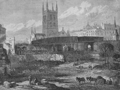 サウスワークのセントトーマス病院跡地の一部、鉄道目的のために開拓された、c1862、 作： Unbekannt