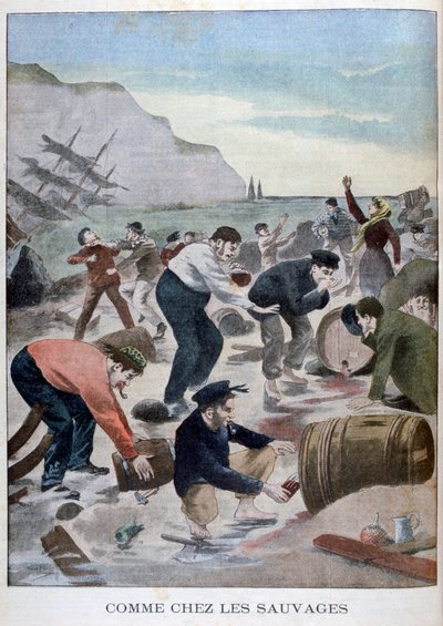 ライト島の難破船からアイテムを回収する人々、1902 作： Unbekannt