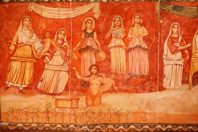 ファラオとモーセの幼少期」デュラ・ユーロポス・シナゴーグのフレスコ画、244-245年、ダマスカス国立博物館所蔵。ニューヨークのユダヤ博物館で開催された展覧会での写真。 作： Unbekannt