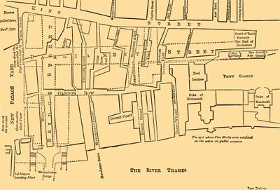 1734年から1748年の間のウェストミンスターの一部の計画-国会議事堂の勃起前、 作： Unbekannt
