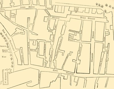 1734年から1748年の間のウェストミンスターの部分の計画-グレートジョージストリートの勃起前 作： Unbekannt
