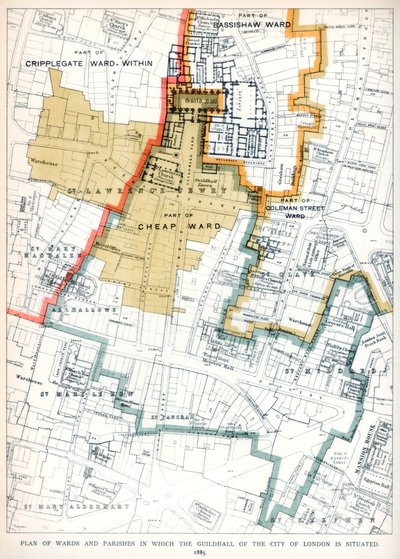 ロンドン市のギルドホールが置かれている区と教区の計画、1886年 作： Unbekannt