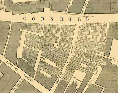 1748年のコーンヒルでの大火災の範囲を示す計画、c1872。 作： Unbekannt