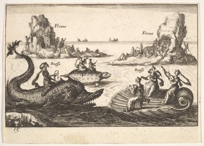 プレート15：川と女神、浮き島が極旗手、女性の姿に導かれて...、1664年。 作： Unbekannt