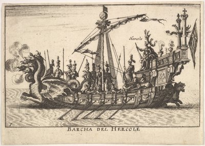 プレート1：ヘラクレスの船Barcha del Hercole、竜の頭の船首とヘラクレスが…、1664年。 作： Unbekannt