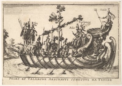 プレート 7: テティデスのアルゴナウタイに率いられたペレウスとタラモネ、1664 年の壮大なページェントより。 作： Unbekannt