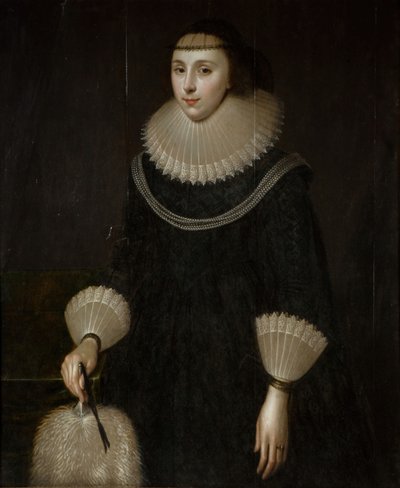 ファンを持つ女性の肖像、1600-1650。 作： Unbekannt