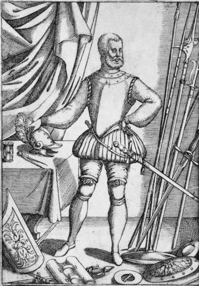 ジャコモディグラッシの肖像画。彼が生徒に教えた武器の使い方を示しています。1575年、1936年 作： Unbekannt
