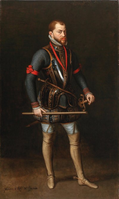 スペイン王フィリップ2世（1527-1598）の肖像（鎧を着て金の羊毛勲章をつけている）。 作： Unbekannt