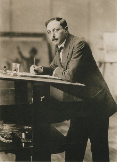 1913年頃の彼のスタジオでのトーマステオドールハイネ1867-1948の肖像。 作： Unbekannt