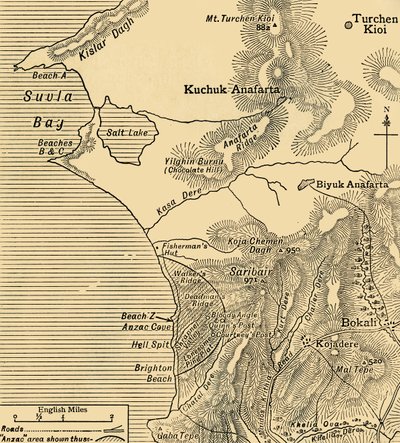 トルコのガリポリ半島におけるアンザック軍の位置、第一次世界大戦、1915年7月、c1920。 作： Unbekannt