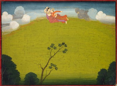 PradyumnaとMayavatiが大Basohli Bhagavata PuranaからDvarakaへ飛ぶ。 1760-1765。 作： Unbekannt