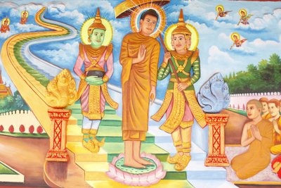 Preah Prom Rath MonasteryLife of Buddha仏陀が天界を訪れ、インドラ神やブラフマー神と会っている様子（カンボジア、シェムリアップ 作： Unbekannt