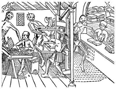 スケルトンに嫌がらせを受けた印刷作業者、1499年1499年 作： Unbekannt