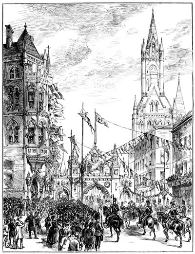 1887年、マンチェスターの市庁舎に近づく行列 作： Unbekannt