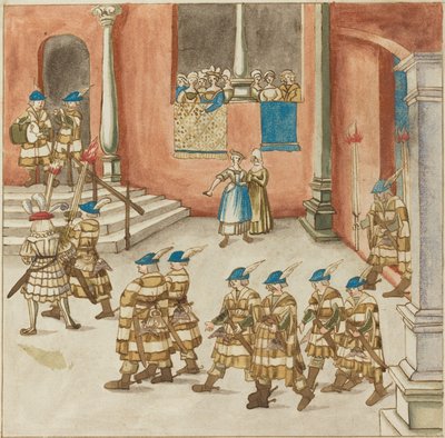 バルコニーで女性が見た騎士の行列、c。 1515年。 作： Unbekannt