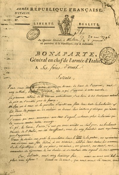 1796年5月20日、1921年、ナポレオンによる兄弟への布告。 作： Unbekannt