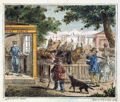 1867年に市場で牛の体重を測定するために使用された公共の計量台 作： Unbekannt