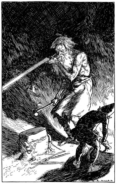 神々のスミス、ウェイランドが剣を鍛えるのを手伝うパック、1909 作： Unbekannt