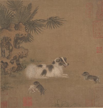 椰子の木とガーデン ロックのそばで遊ぶ子犬、15 世紀。 作： Unbekannt