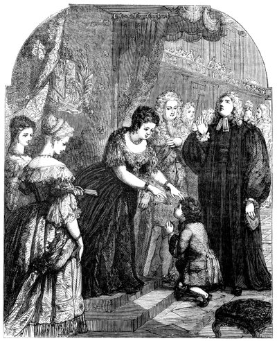 アン女王1665-1714が若いサミュエルジョンソンに悪の影響を与える 作： Unbekannt