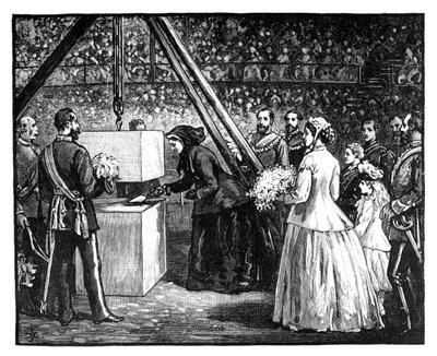 1860年代にロンドンのロイヤルアルバートホールの礎石を築いたビクトリア女王 作： Unbekannt