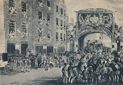 クイーンズビクトリアのギルドホールへ向かう途中の入り口、1837年11月9日、1948年。 作： Unbekannt