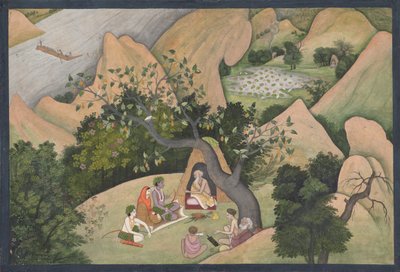 バラドヴァージャのエルミタージュでのラーマ、シーター、ラクシュマナ: 挿絵入りのフォリオ 1780年。 作： Unbekannt