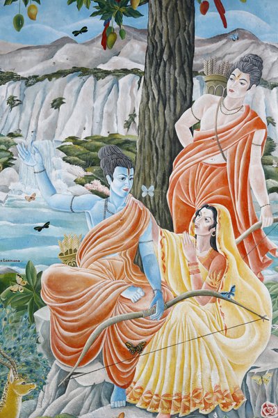 Rama、Sita、Laxmanの3人です。ネパール、カトマンズ、パシュパティナ（Pashupatinah 作： Unbekannt