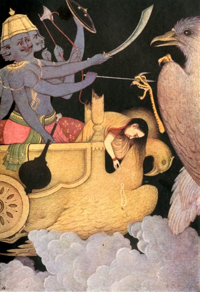 「ジャターユと戦うラーヴァナ」、1920年。 作： Unbekannt