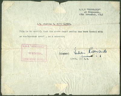 元日本刀の領収書、HMSヴェネラブル、シンガポール、1946 作： Unbekannt